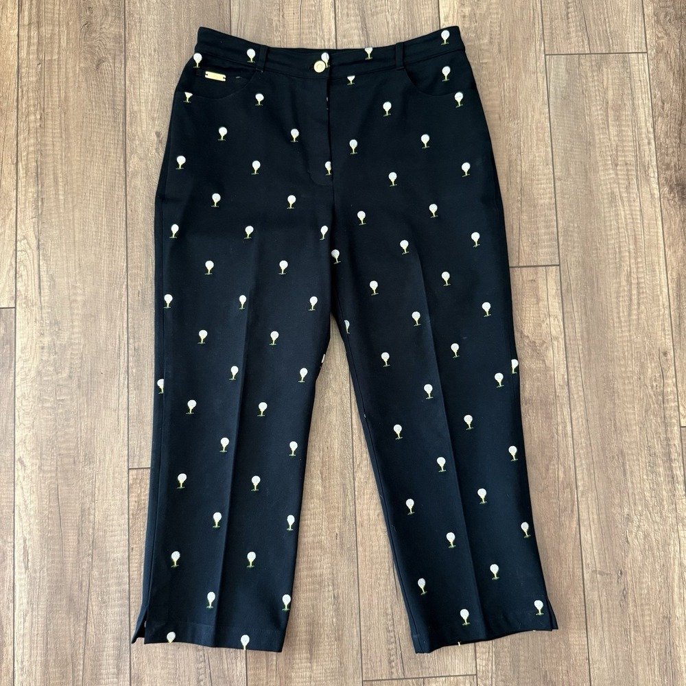 St John Sport Marie Gray Golf Ball Embroidered Pants Black Sz 10 Cropped USA